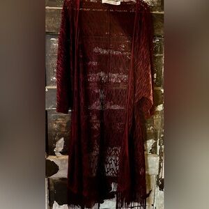 Liberty Love Deep Burgundy Lace Cardigan with fringe bottom.